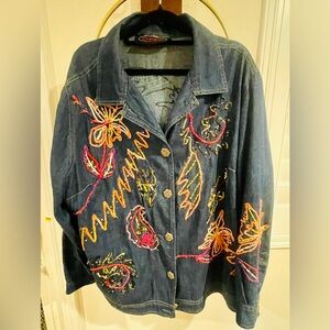 Embroidered Dark Blue Jean Jacket with Floral Accents